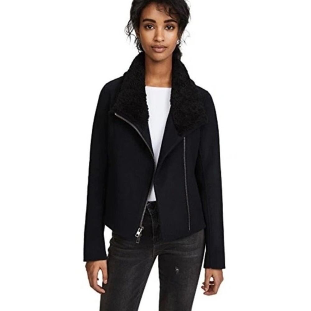 Vince Shearling Collar Double Faced Wool Jacket Size Small Moto Rocker Cozy Warm